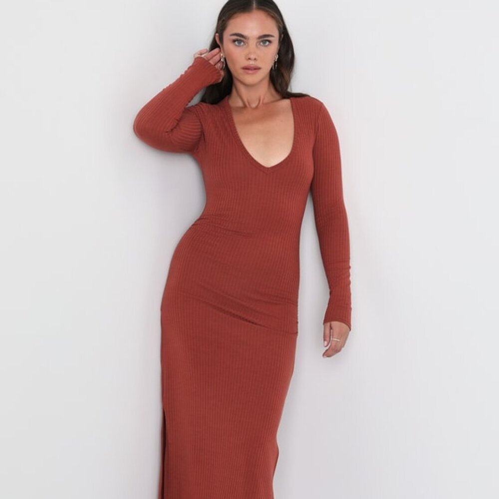 Lulus Sweet Versatility Rust Ribbed Long Sleeve Ruched Midi Dress Red - Size XL